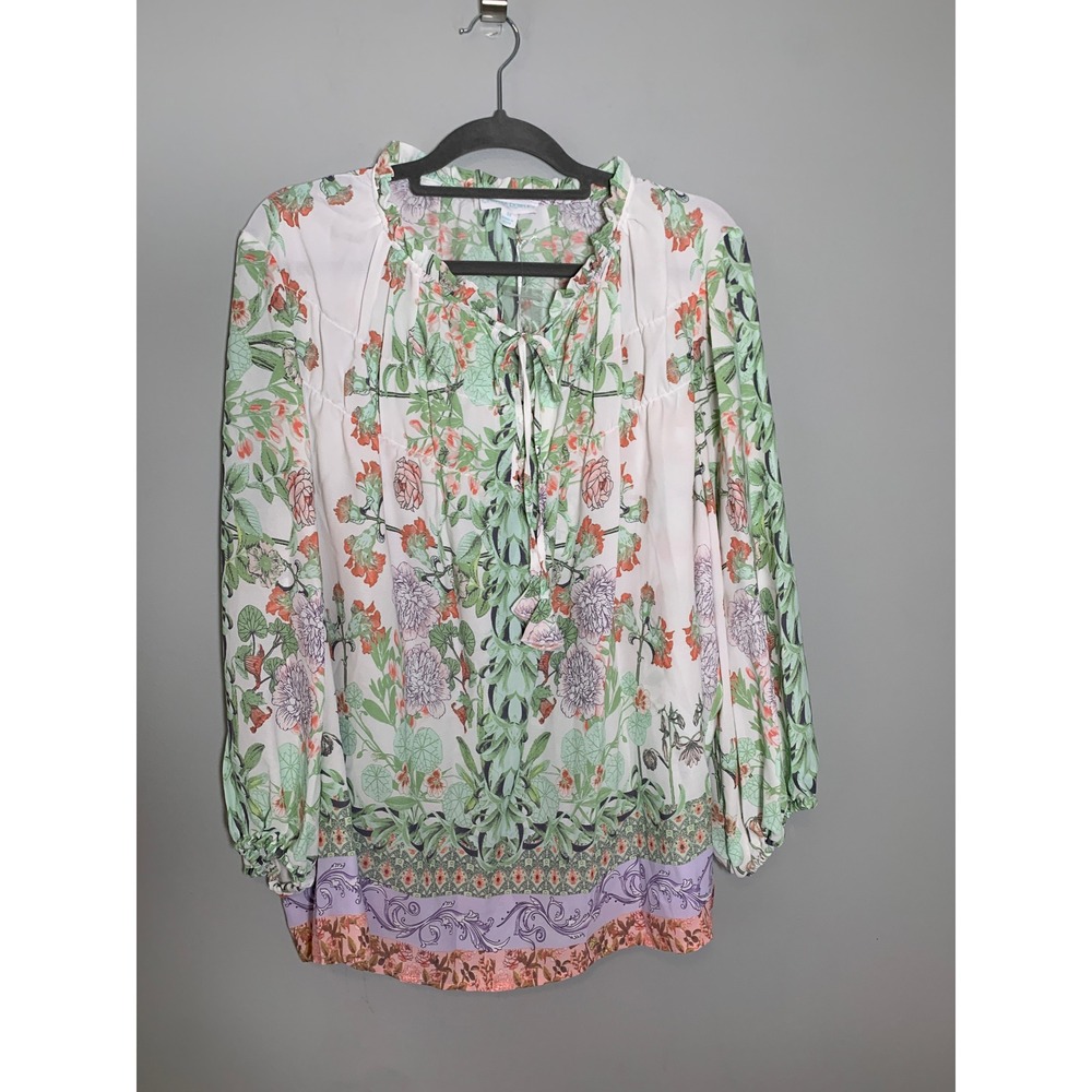 NEW Cynthia Rowley Blouse 3X White Floral Print Ruffle Tie Neck Balloon Sleeve